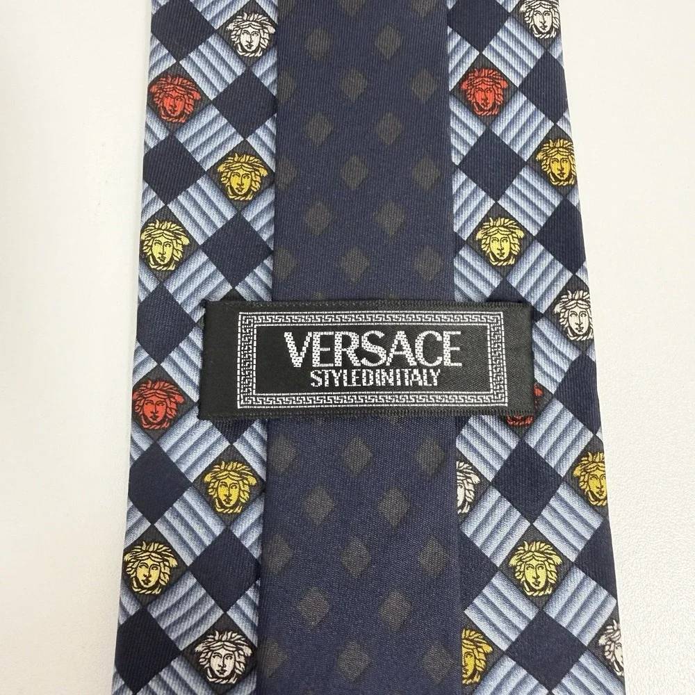 Versace Men's Tie Medusas Checkered Navy Silk Japan 3.75